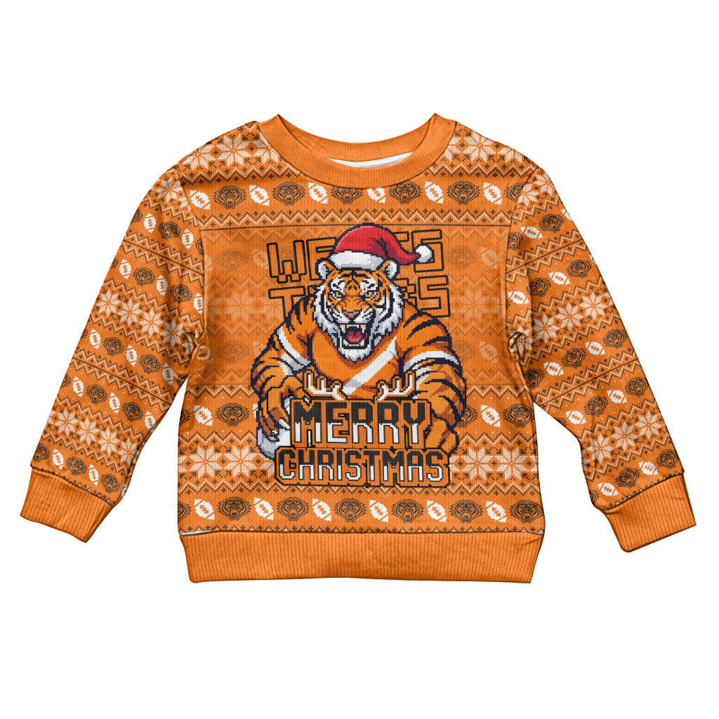 Personalized Wests Tigers Christmas Kid Ugly Christmas Sweater Australian Rugby Fans - Pixelated Ugly Xmas Pattern Mascot Santa