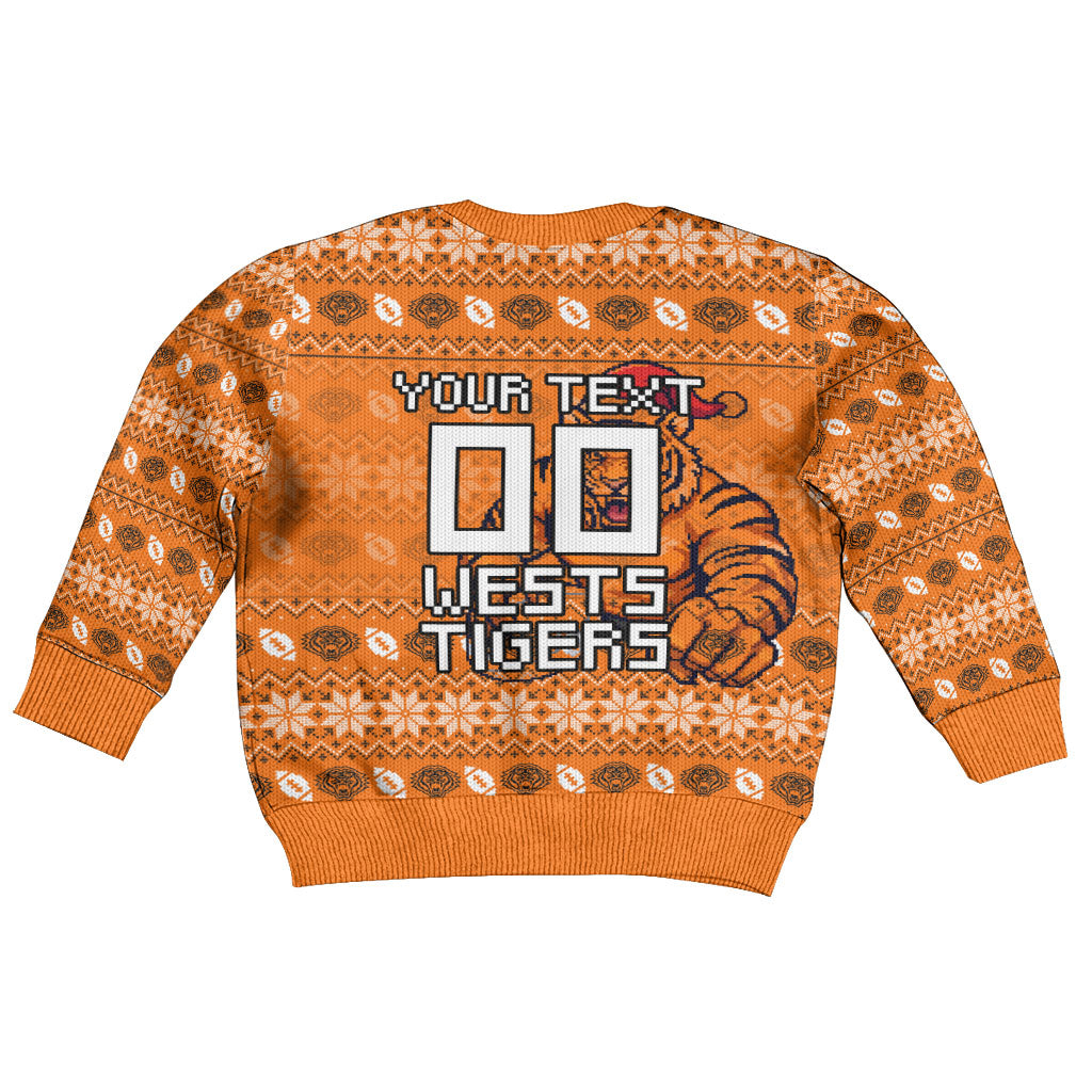 Personalized Wests Tigers Christmas Kid Ugly Christmas Sweater Australian Rugby Fans - Pixelated Ugly Xmas Pattern Mascot Santa