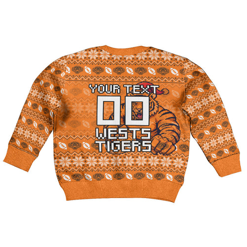 Personalized Wests Tigers Christmas Kid Ugly Christmas Sweater Australian Rugby Fans - Pixelated Ugly Xmas Pattern Mascot Santa