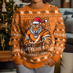 Personalized Wests Tigers Christmas Kid Ugly Christmas Sweater Australian Rugby Fans - Pixelated Ugly Xmas Pattern Mascot Santa