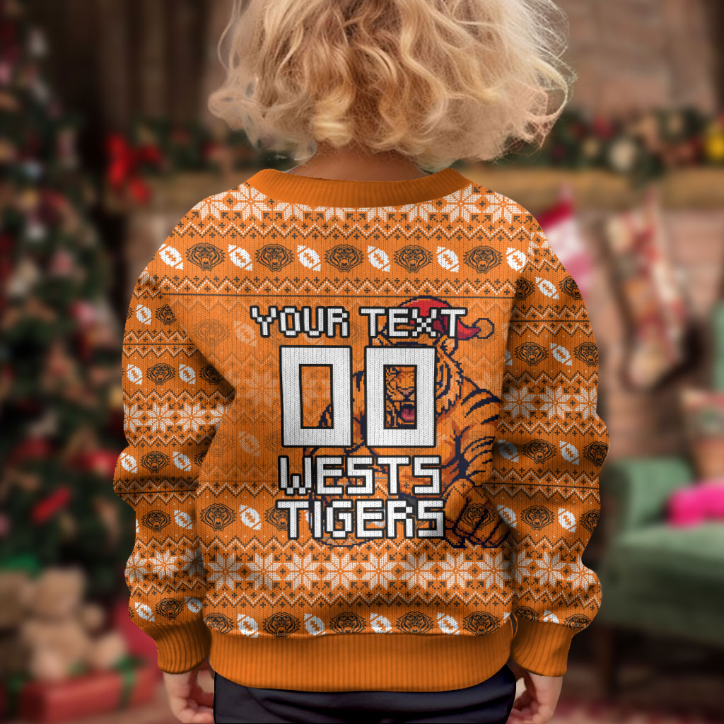 Personalized Wests Tigers Christmas Kid Ugly Christmas Sweater Australian Rugby Fans - Pixelated Ugly Xmas Pattern Mascot Santa