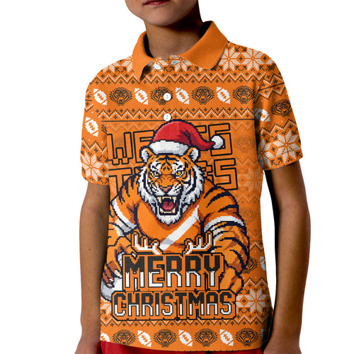 Personalized Wests Tigers Christmas Kid Polo Shirt Australian Rugby Fans - Pixelated Ugly Xmas Pattern Mascot Santa
