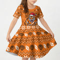 Personalized Wests Tigers Christmas Kid Short Sleeve Dress Australian Rugby Fans - Pixelated Ugly Xmas Pattern Mascot Santa