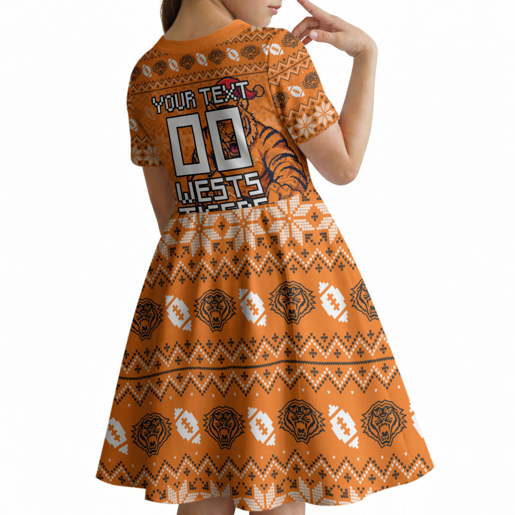 Personalized Wests Tigers Christmas Kid Short Sleeve Dress Australian Rugby Fans - Pixelated Ugly Xmas Pattern Mascot Santa