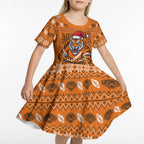 Personalized Wests Tigers Christmas Kid Short Sleeve Dress Australian Rugby Fans - Pixelated Ugly Xmas Pattern Mascot Santa