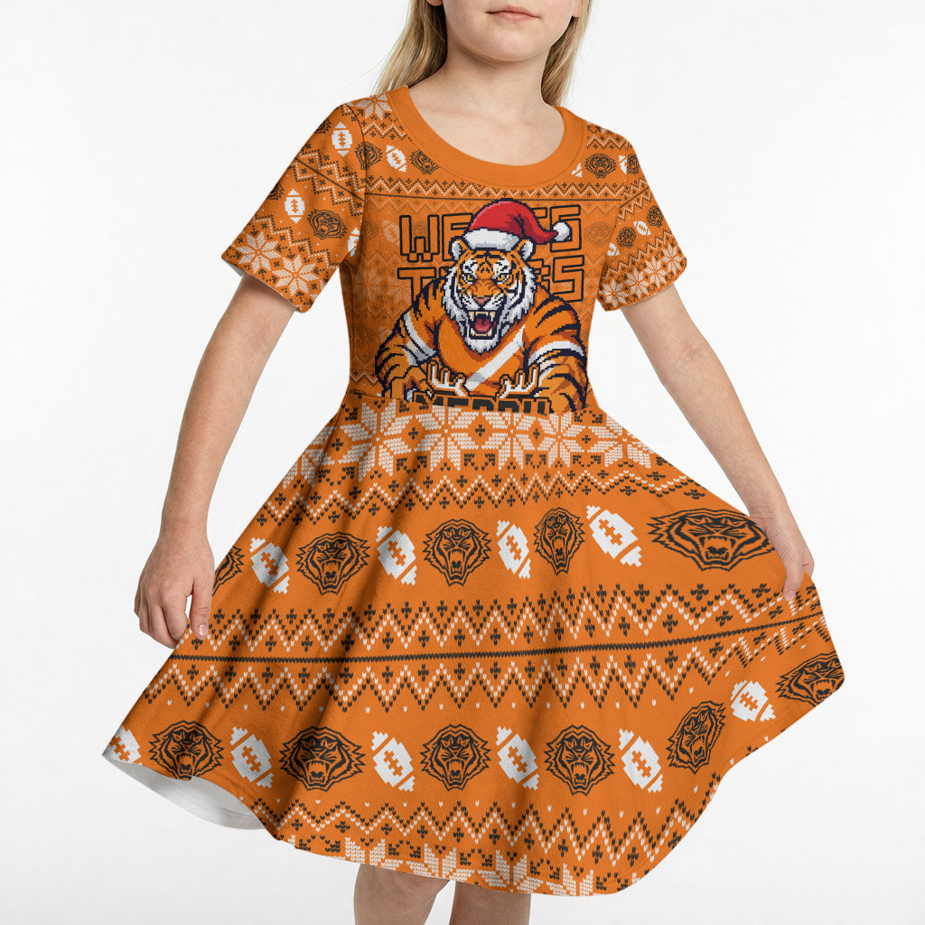 Personalized Wests Tigers Christmas Kid Short Sleeve Dress Australian Rugby Fans - Pixelated Ugly Xmas Pattern Mascot Santa