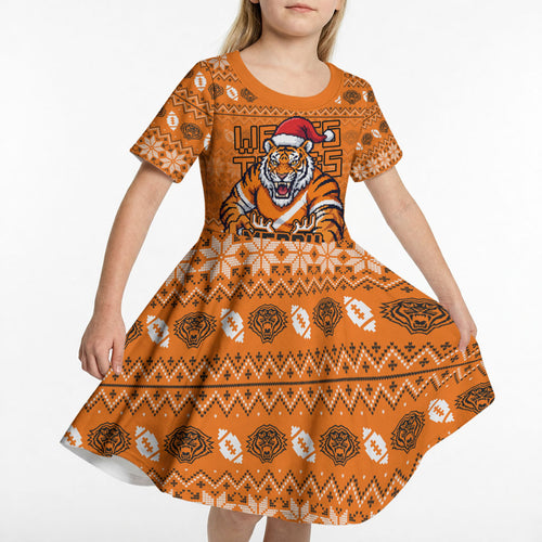 Personalized Wests Tigers Christmas Kid Short Sleeve Dress Australian Rugby Fans - Pixelated Ugly Xmas Pattern Mascot Santa