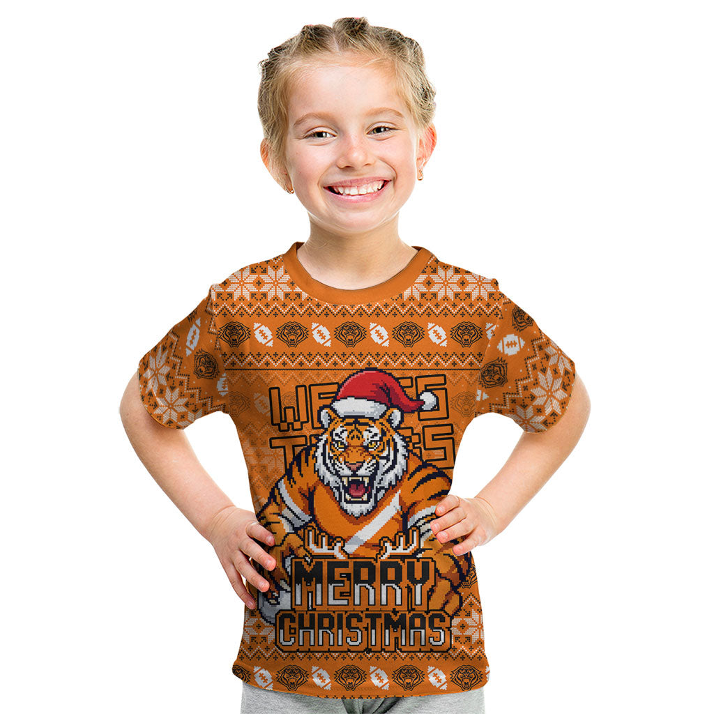 Personalized Wests Tigers Christmas Kid T Shirt Australian Rugby Fans - Pixelated Ugly Xmas Pattern Mascot Santa