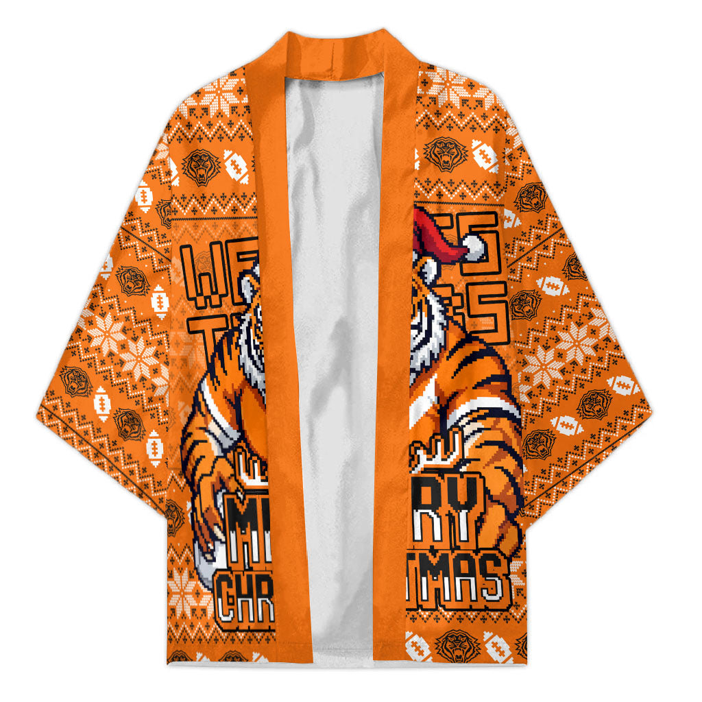 Personalized Wests Tigers Christmas Kimono Australian Rugby Fans - Pixelated Ugly Xmas Pattern Mascot Santa