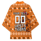 Personalized Wests Tigers Christmas Kimono Australian Rugby Fans - Pixelated Ugly Xmas Pattern Mascot Santa