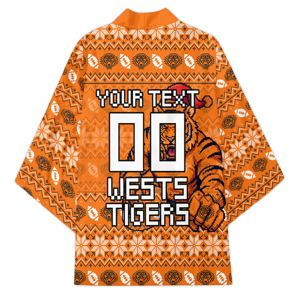 Personalized Wests Tigers Christmas Kimono Australian Rugby Fans - Pixelated Ugly Xmas Pattern Mascot Santa