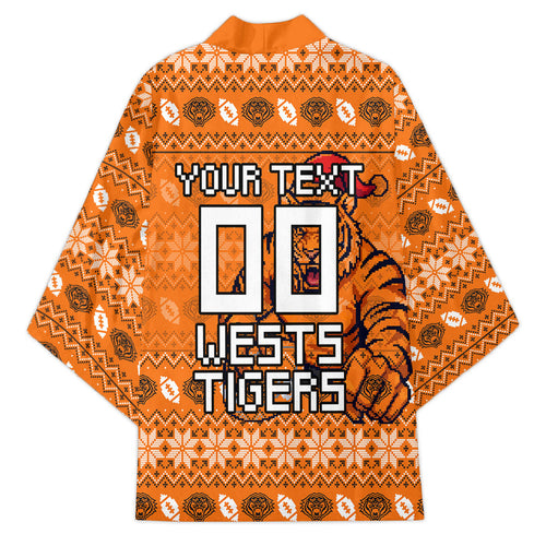 Personalized Wests Tigers Christmas Kimono Australian Rugby Fans - Pixelated Ugly Xmas Pattern Mascot Santa