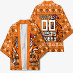 Personalized Wests Tigers Christmas Kimono Australian Rugby Fans - Pixelated Ugly Xmas Pattern Mascot Santa