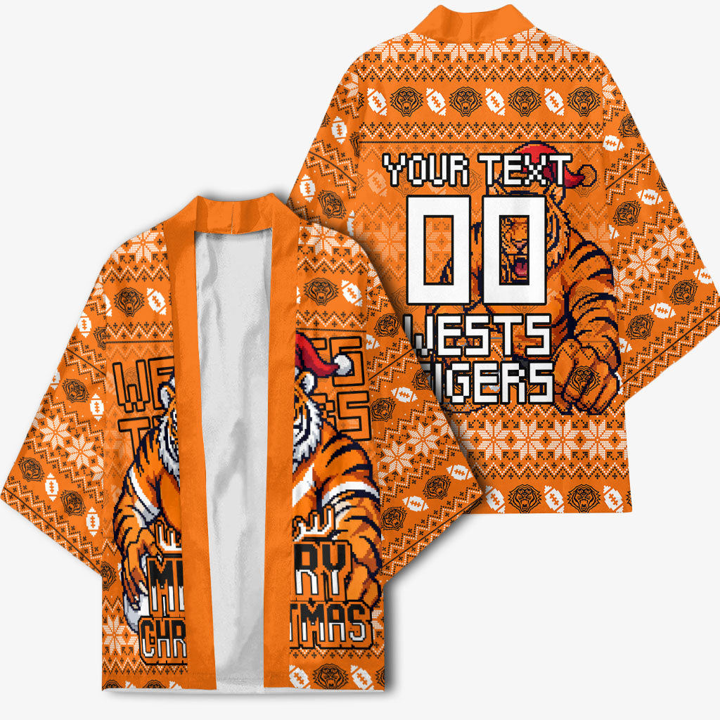 Personalized Wests Tigers Christmas Kimono Australian Rugby Fans - Pixelated Ugly Xmas Pattern Mascot Santa