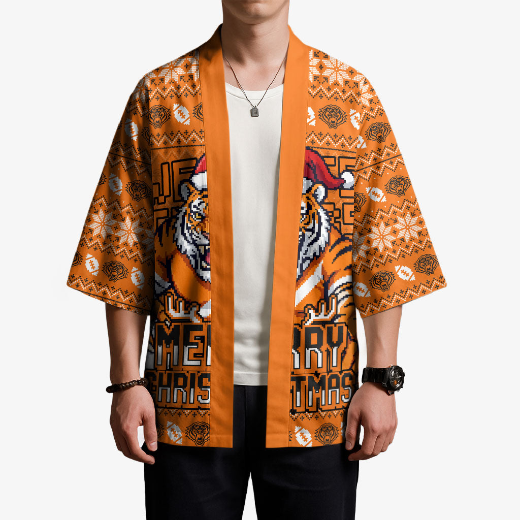 Personalized Wests Tigers Christmas Kimono Australian Rugby Fans - Pixelated Ugly Xmas Pattern Mascot Santa