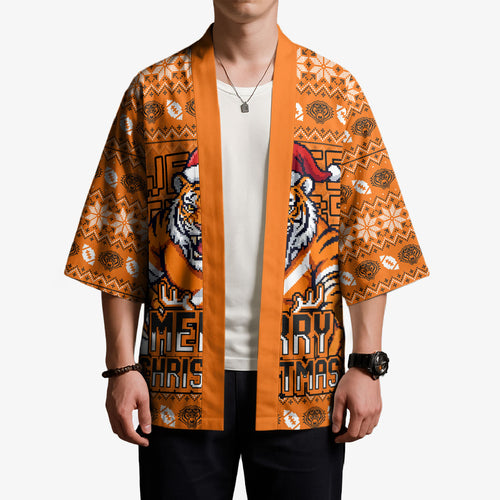 Personalized Wests Tigers Christmas Kimono Australian Rugby Fans - Pixelated Ugly Xmas Pattern Mascot Santa