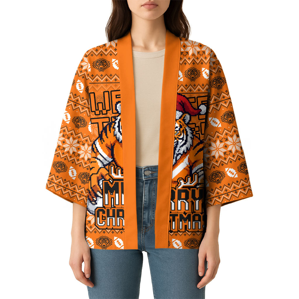 Personalized Wests Tigers Christmas Kimono Australian Rugby Fans - Pixelated Ugly Xmas Pattern Mascot Santa