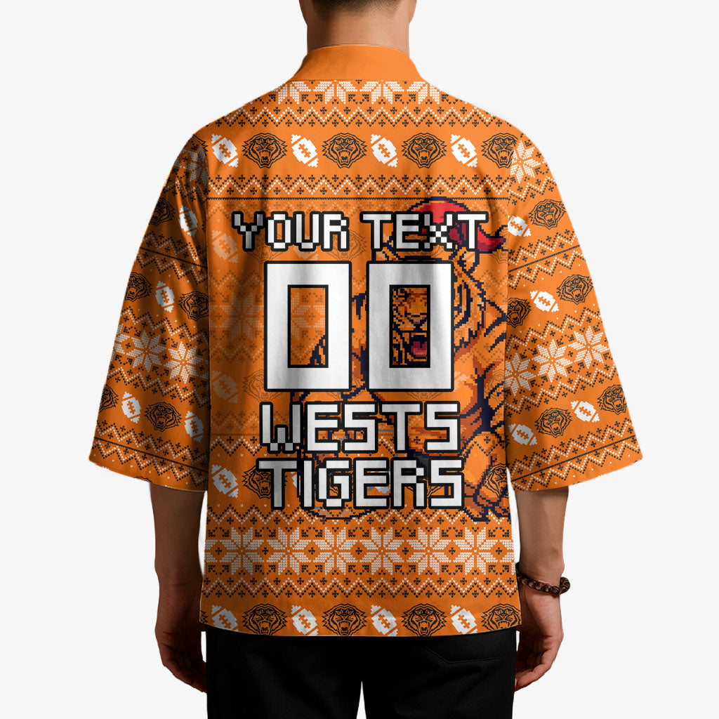 Personalized Wests Tigers Christmas Kimono Australian Rugby Fans - Pixelated Ugly Xmas Pattern Mascot Santa