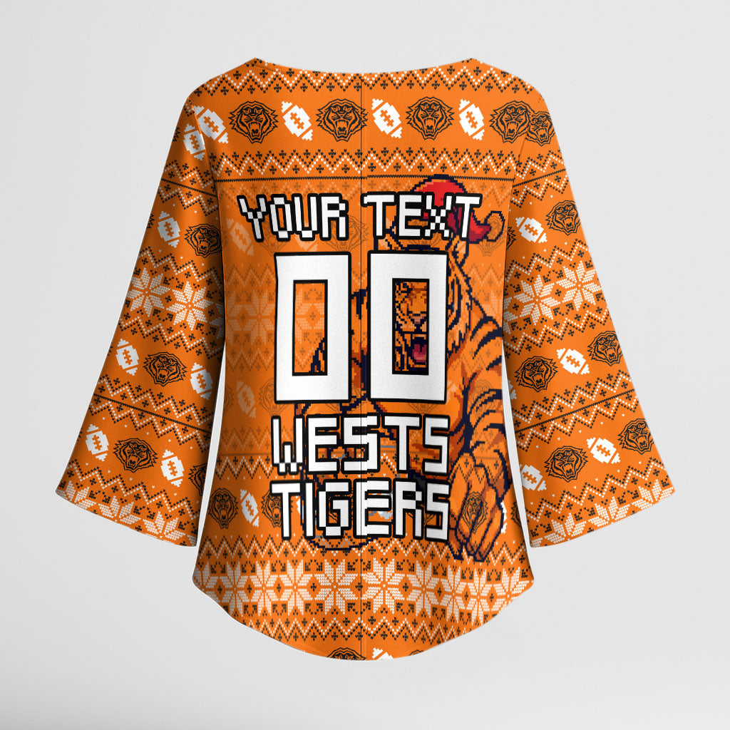 Personalized Wests Tigers Christmas Kimono Sleeve Blouse Australian Rugby Fans - Pixelated Ugly Xmas Pattern Mascot Santa