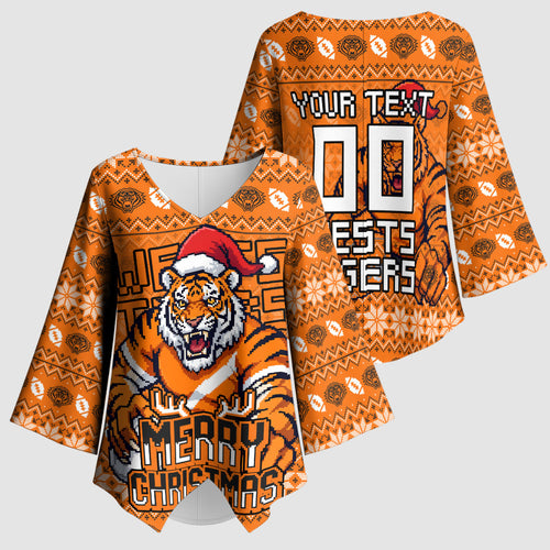 Personalized Wests Tigers Christmas Kimono Sleeve Blouse Australian Rugby Fans - Pixelated Ugly Xmas Pattern Mascot Santa