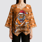 Personalized Wests Tigers Christmas Kimono Sleeve Blouse Australian Rugby Fans - Pixelated Ugly Xmas Pattern Mascot Santa