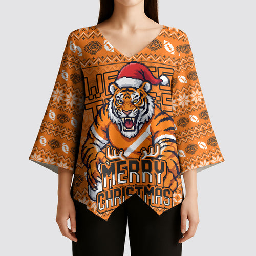 Personalized Wests Tigers Christmas Kimono Sleeve Blouse Australian Rugby Fans - Pixelated Ugly Xmas Pattern Mascot Santa