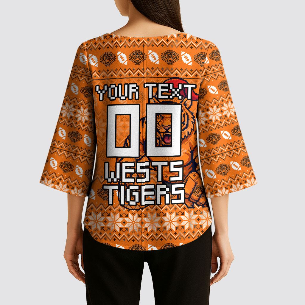 Personalized Wests Tigers Christmas Kimono Sleeve Blouse Australian Rugby Fans - Pixelated Ugly Xmas Pattern Mascot Santa