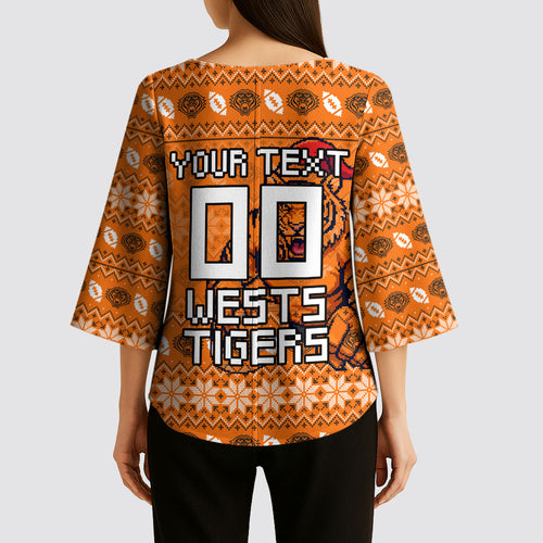 Personalized Wests Tigers Christmas Kimono Sleeve Blouse Australian Rugby Fans - Pixelated Ugly Xmas Pattern Mascot Santa