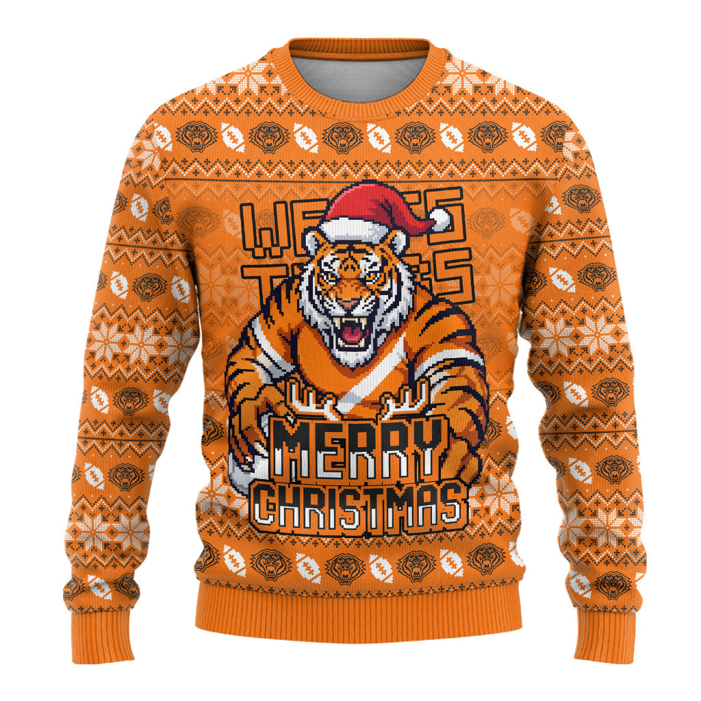 Personalized Wests Tigers Christmas Ugly Christmas Sweater Australian Rugby Fans - Pixelated Ugly Xmas Pattern Mascot Santa