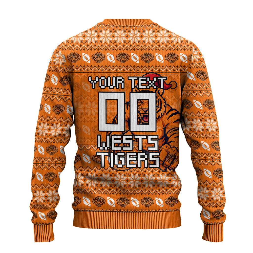 Personalized Wests Tigers Christmas Ugly Christmas Sweater Australian Rugby Fans - Pixelated Ugly Xmas Pattern Mascot Santa