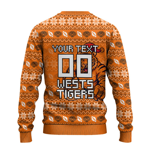 Personalized Wests Tigers Christmas Ugly Christmas Sweater Australian Rugby Fans - Pixelated Ugly Xmas Pattern Mascot Santa