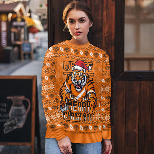 Personalized Wests Tigers Christmas Ugly Christmas Sweater Australian Rugby Fans - Pixelated Ugly Xmas Pattern Mascot Santa