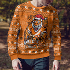 Personalized Wests Tigers Christmas Ugly Christmas Sweater Australian Rugby Fans - Pixelated Ugly Xmas Pattern Mascot Santa