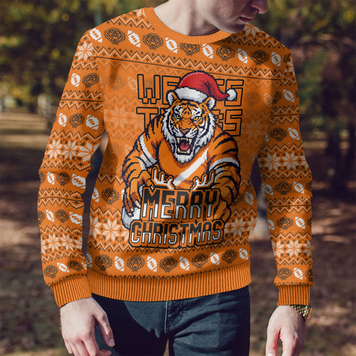 Personalized Wests Tigers Christmas Ugly Christmas Sweater Australian Rugby Fans - Pixelated Ugly Xmas Pattern Mascot Santa