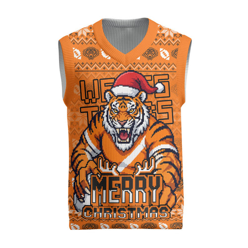 Personalized Wests Tigers Christmas Knitted V-Neck Vest Australian Rugby Fans - Pixelated Ugly Xmas Pattern Mascot Santa