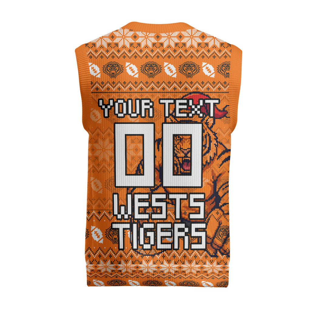 Personalized Wests Tigers Christmas Knitted V-Neck Vest Australian Rugby Fans - Pixelated Ugly Xmas Pattern Mascot Santa