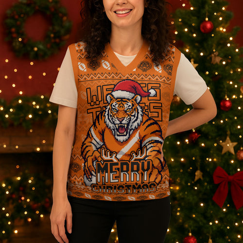 Personalized Wests Tigers Christmas Knitted V-Neck Vest Australian Rugby Fans - Pixelated Ugly Xmas Pattern Mascot Santa