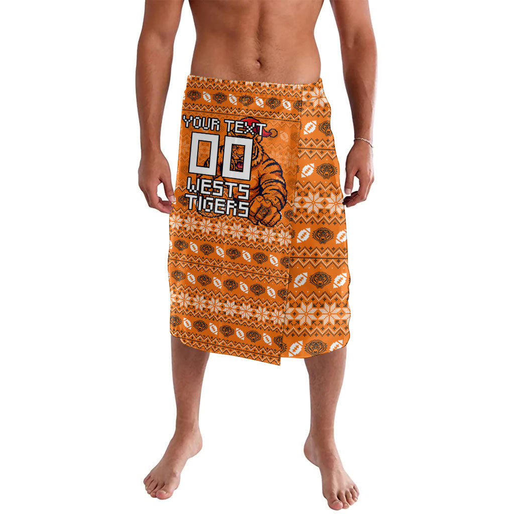 Personalized Wests Tigers Christmas Lavalava Australian Rugby Fans - Pixelated Ugly Xmas Pattern Mascot Santa