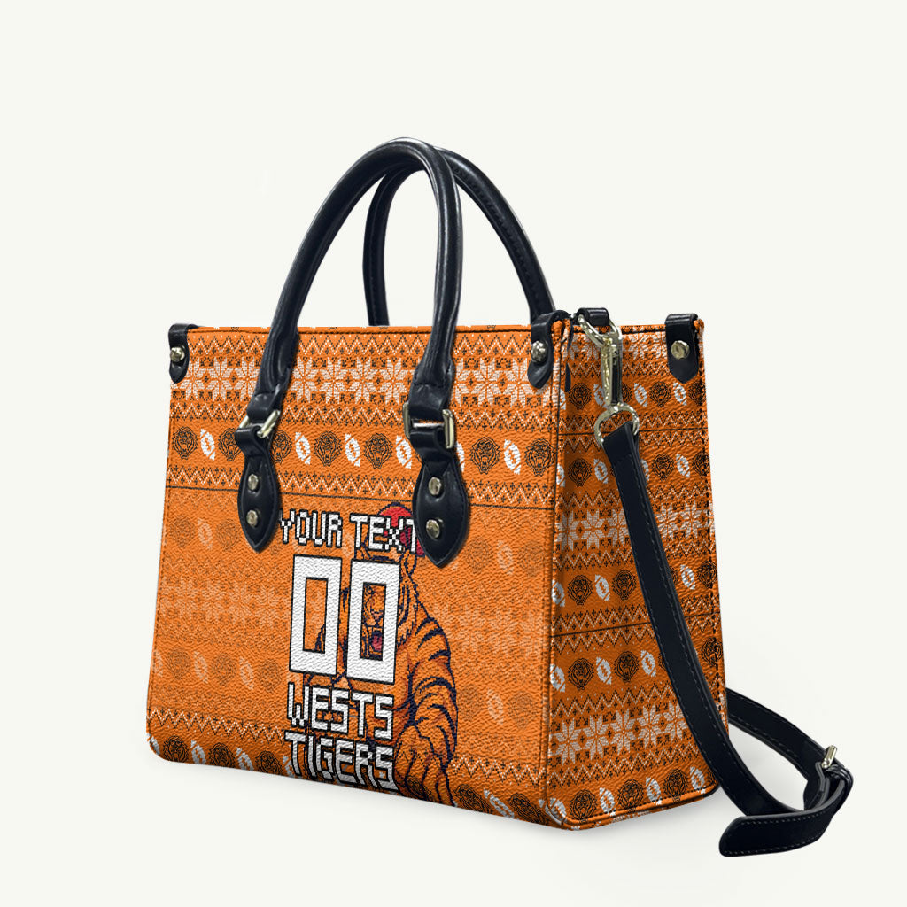 Personalized Wests Tigers Christmas Leather Bag Australian Rugby Fans - Pixelated Ugly Xmas Pattern Mascot Santa