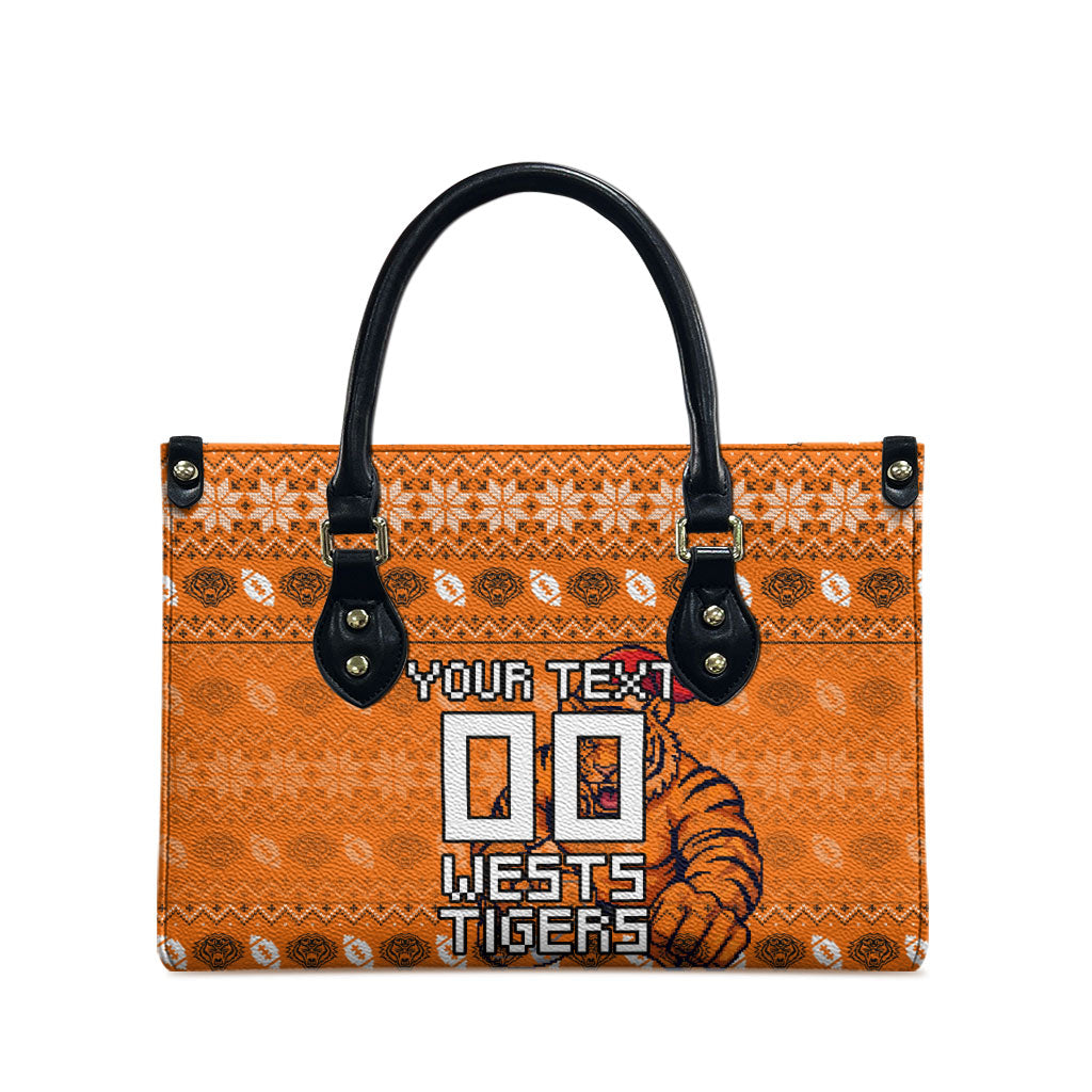 Personalized Wests Tigers Christmas Leather Bag Australian Rugby Fans - Pixelated Ugly Xmas Pattern Mascot Santa