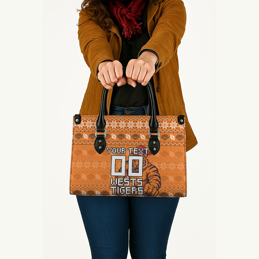Personalized Wests Tigers Christmas Leather Bag Australian Rugby Fans - Pixelated Ugly Xmas Pattern Mascot Santa