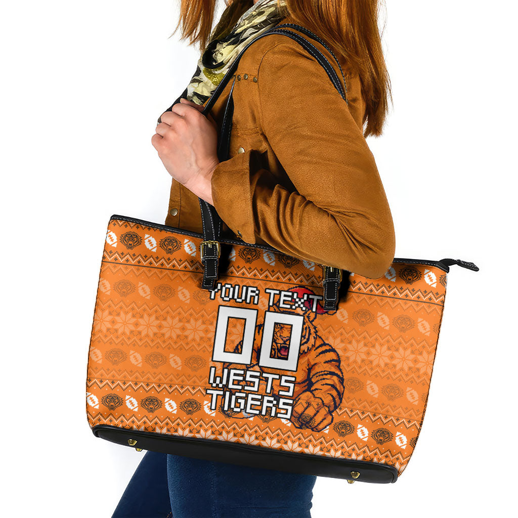 Personalized Wests Tigers Christmas Leather Tote Bag Australian Rugby Fans - Pixelated Ugly Xmas Pattern Mascot Santa