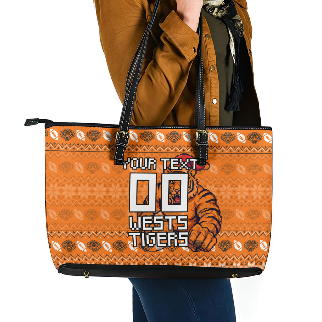 Personalized Wests Tigers Christmas Leather Tote Bag Australian Rugby Fans - Pixelated Ugly Xmas Pattern Mascot Santa