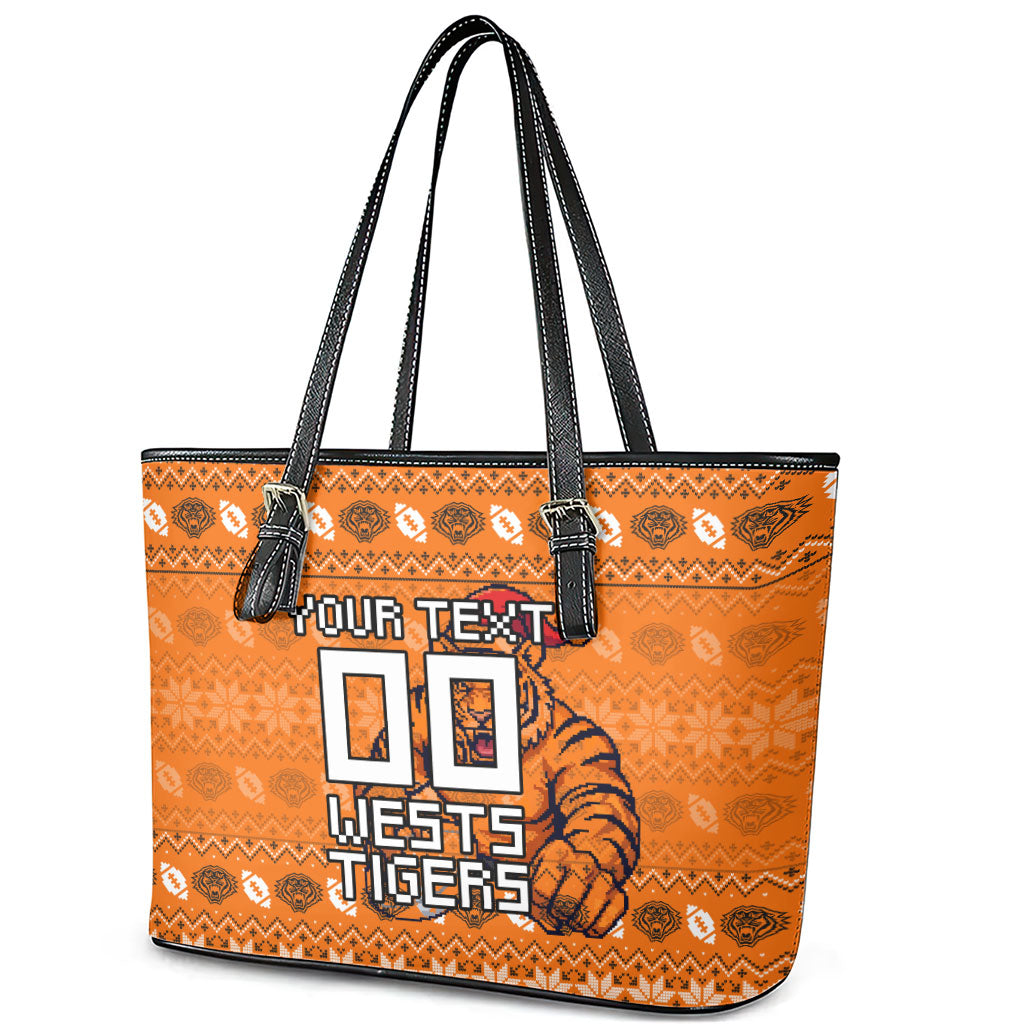 Personalized Wests Tigers Christmas Leather Tote Bag Australian Rugby Fans - Pixelated Ugly Xmas Pattern Mascot Santa