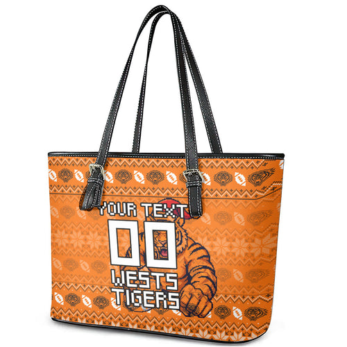 Personalized Wests Tigers Christmas Leather Tote Bag Australian Rugby Fans - Pixelated Ugly Xmas Pattern Mascot Santa