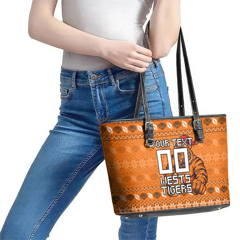 Personalized Wests Tigers Christmas Leather Tote Bag Australian Rugby Fans - Pixelated Ugly Xmas Pattern Mascot Santa