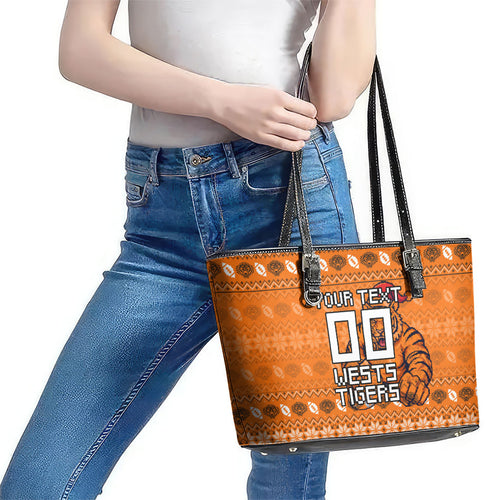 Personalized Wests Tigers Christmas Leather Tote Bag Australian Rugby Fans - Pixelated Ugly Xmas Pattern Mascot Santa