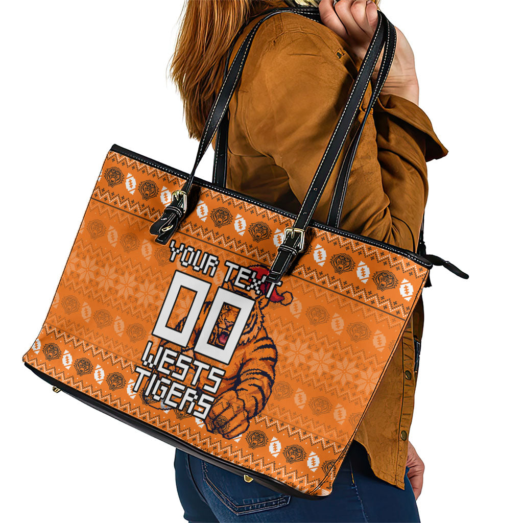 Personalized Wests Tigers Christmas Leather Tote Bag Australian Rugby Fans - Pixelated Ugly Xmas Pattern Mascot Santa