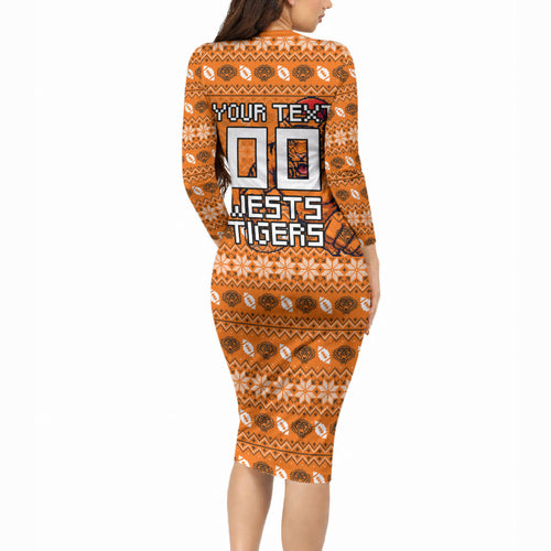 Personalized Wests Tigers Christmas Long Sleeve Bodycon Dress Australian Rugby Fans - Pixelated Ugly Xmas Pattern Mascot Santa