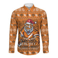 Personalized Wests Tigers Christmas Long Sleeve Button Shirt Australian Rugby Fans - Pixelated Ugly Xmas Pattern Mascot Santa